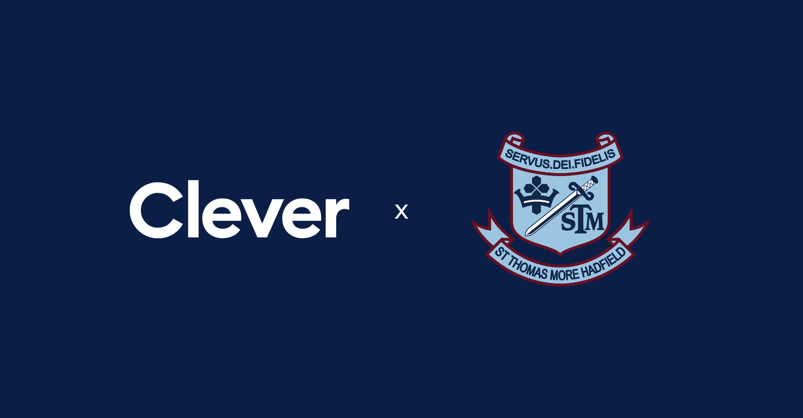 Clever Logo in white and the St Thomas More School Hadfield logo on a dark blue background